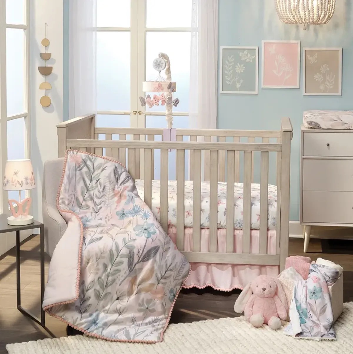 Lambs & Ivy Baby Blooms 3-Piece Pink Floral/Butterfly Baby Crib Bedding Set