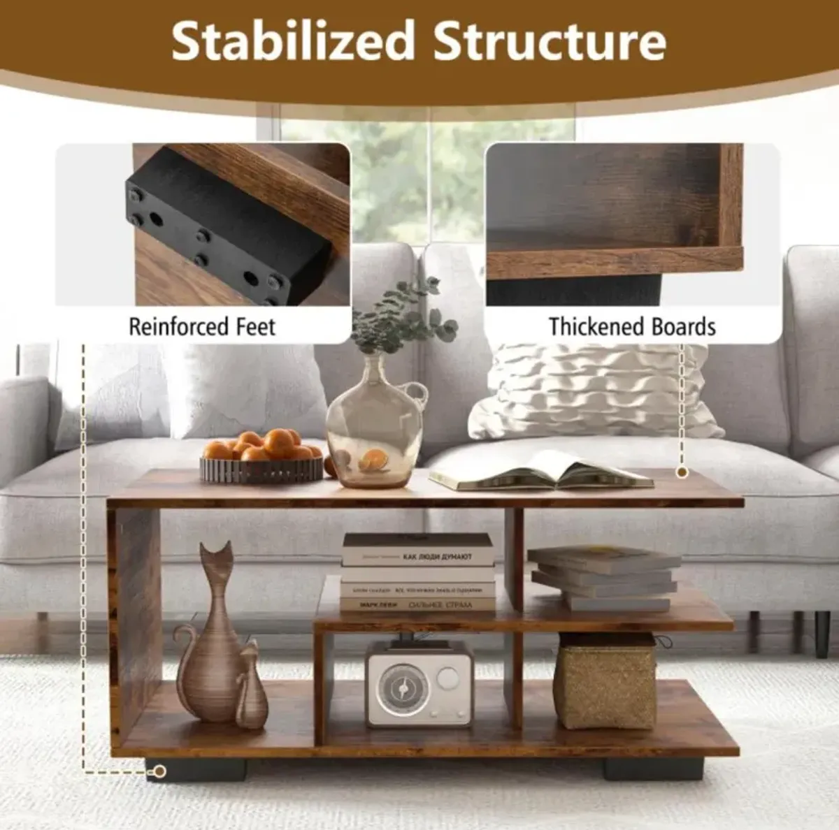 Hivvago Rectangular Coffee Table with L-shaped Middle Shelf