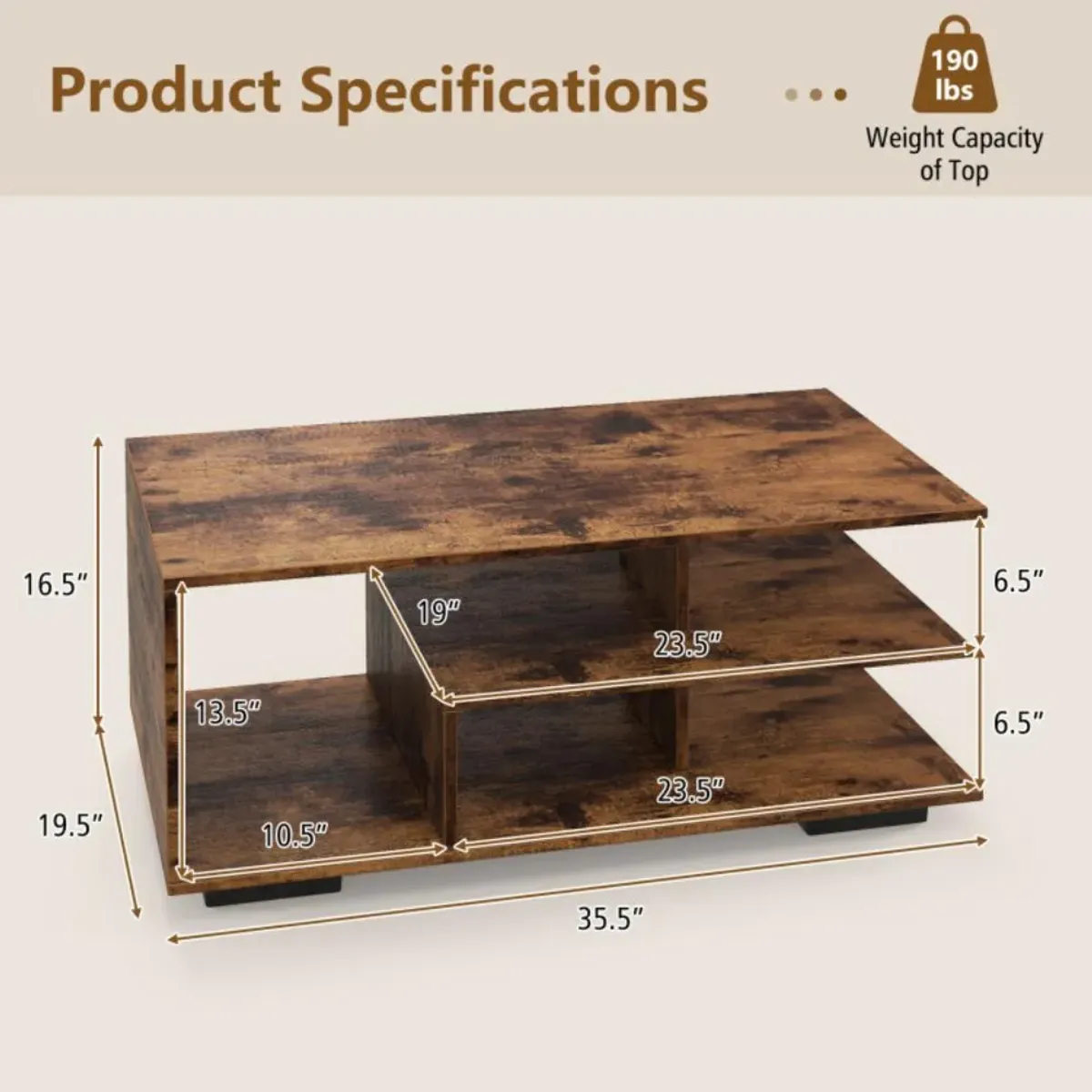 Hivvago Rectangular Coffee Table with L-shaped Middle Shelf