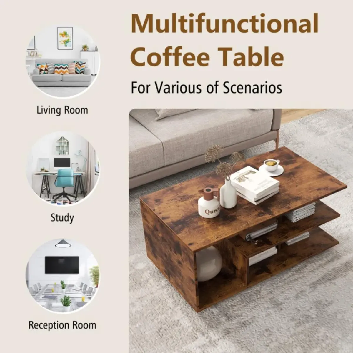 Hivvago Rectangular Coffee Table with L-shaped Middle Shelf