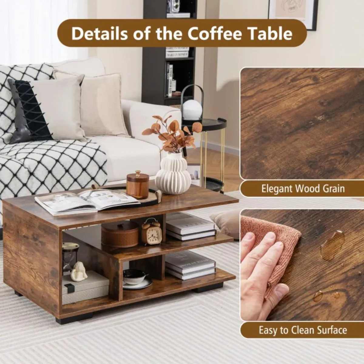 Hivvago Rectangular Coffee Table with L-shaped Middle Shelf