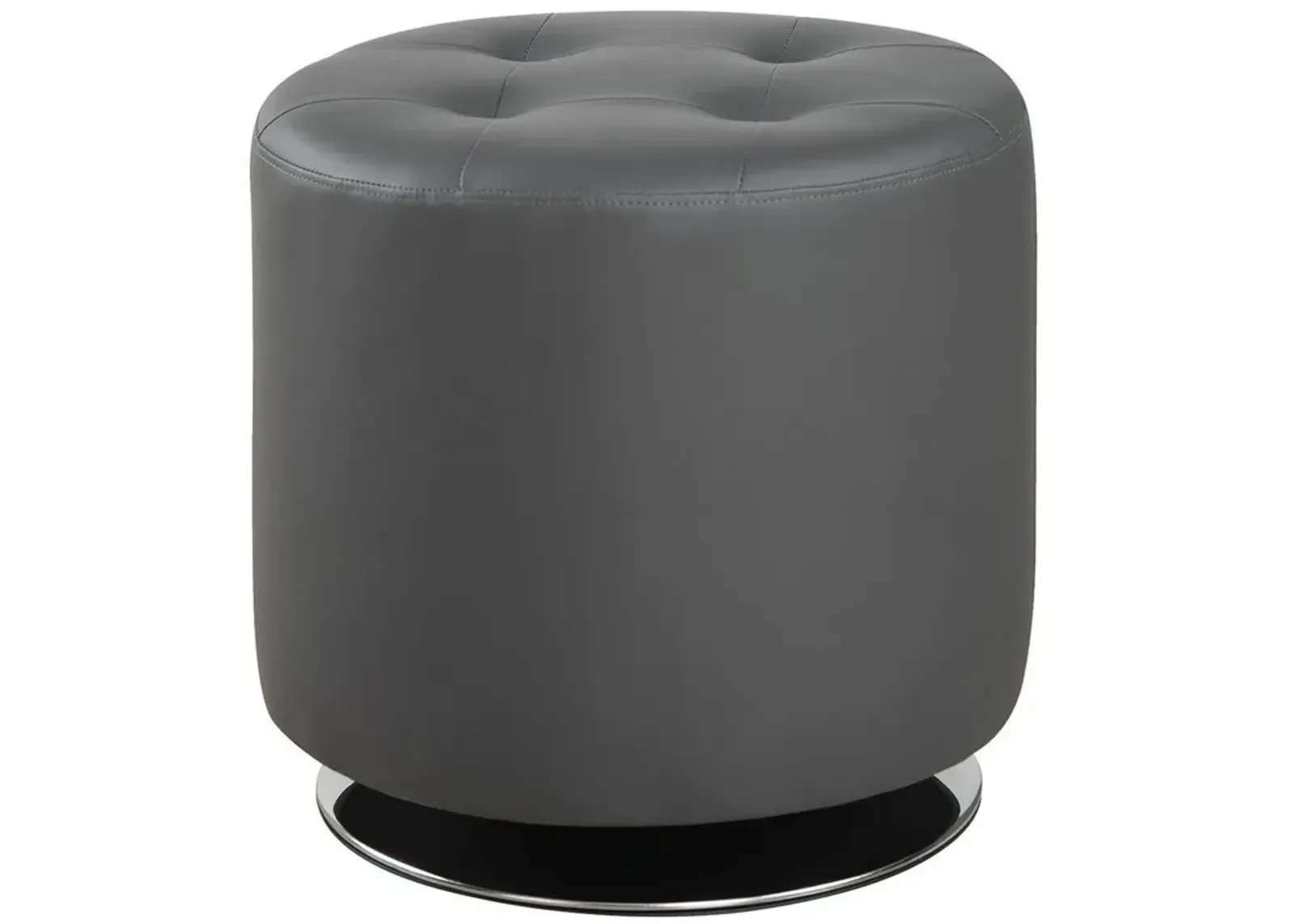 Round Leatherette Swivel Ottoman with Tufted Seat, Gray and Black-Benzara