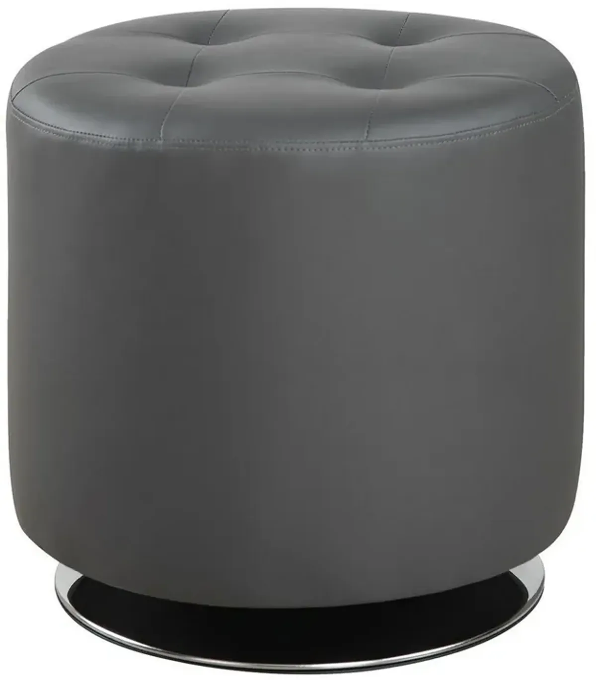 Round Leatherette Swivel Ottoman with Tufted Seat, Gray and Black-Benzara