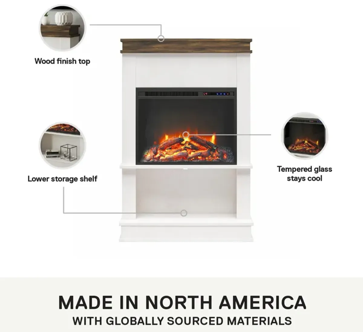 Ameriwood Home Mateo Electric Fireplace Space Heater with Mantel and Open Shelf