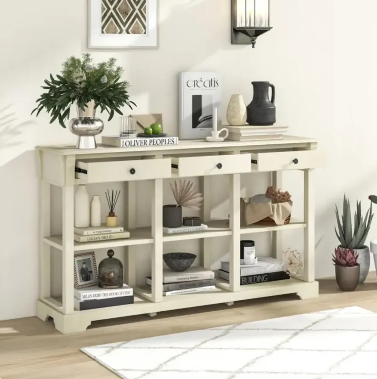 Hivvago 58 Inch Retro Console Table with 3 Drawers and Open Shelves Rectangular Entryway Table