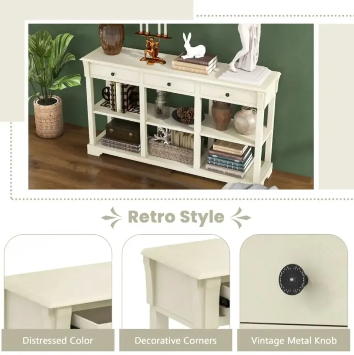 Hivvago 58 Inch Retro Console Table with 3 Drawers and Open Shelves Rectangular Entryway Table