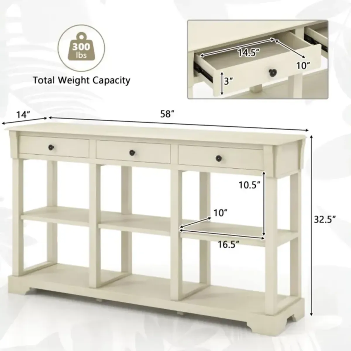 Hivvago 58 Inch Retro Console Table with 3 Drawers and Open Shelves Rectangular Entryway Table