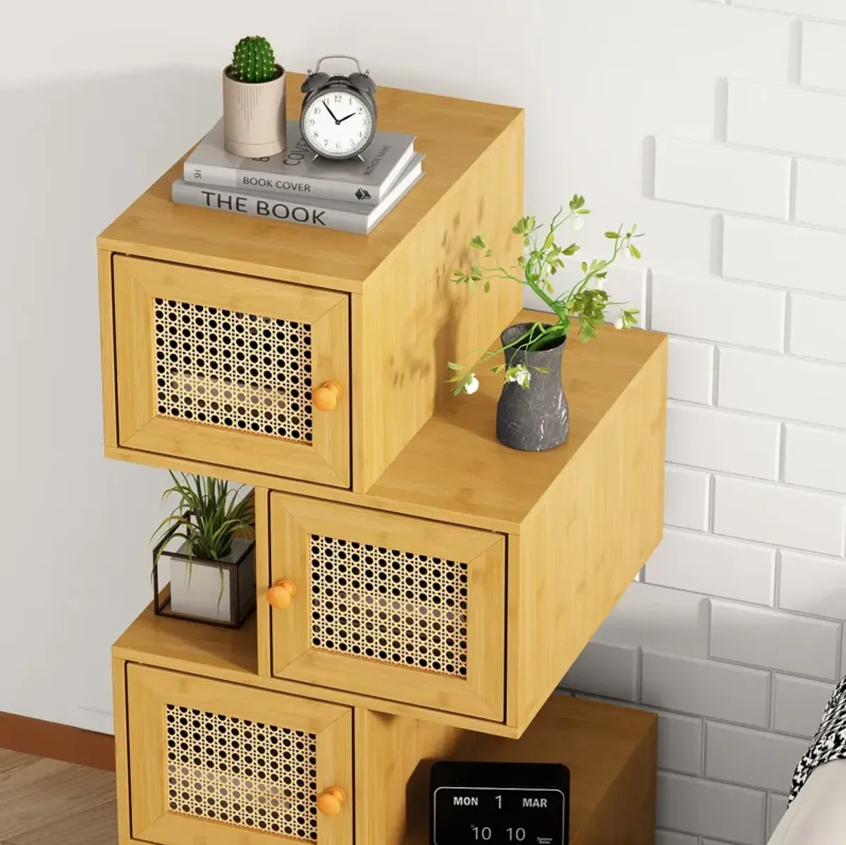 FUFU&GAGA Bamboo File Cabinet with 4-Tier Storage and Doors, Natural Finish (15.7" W x 15.7" D x 33.4" H),Yellow