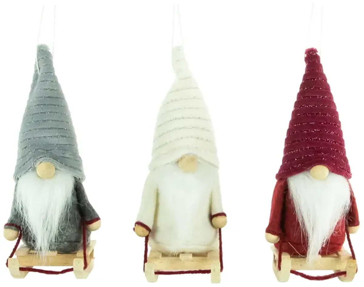 Set of 3 Plush Sledding Gnomes Christmas Ornaments 5.25"