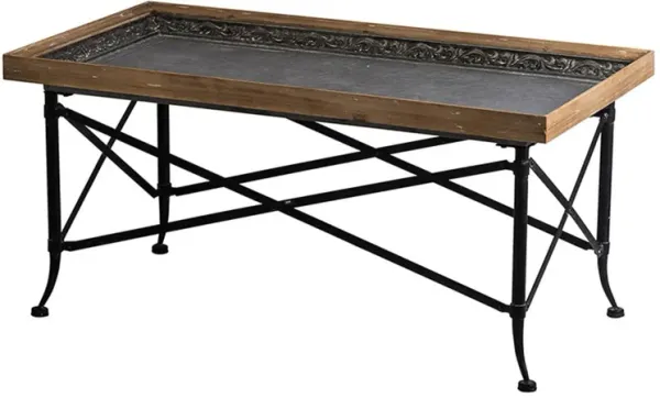 Benjara 44 Inch Coffee Table, Vintage Style Wood Tray Top, Metal Base, Brown, Black