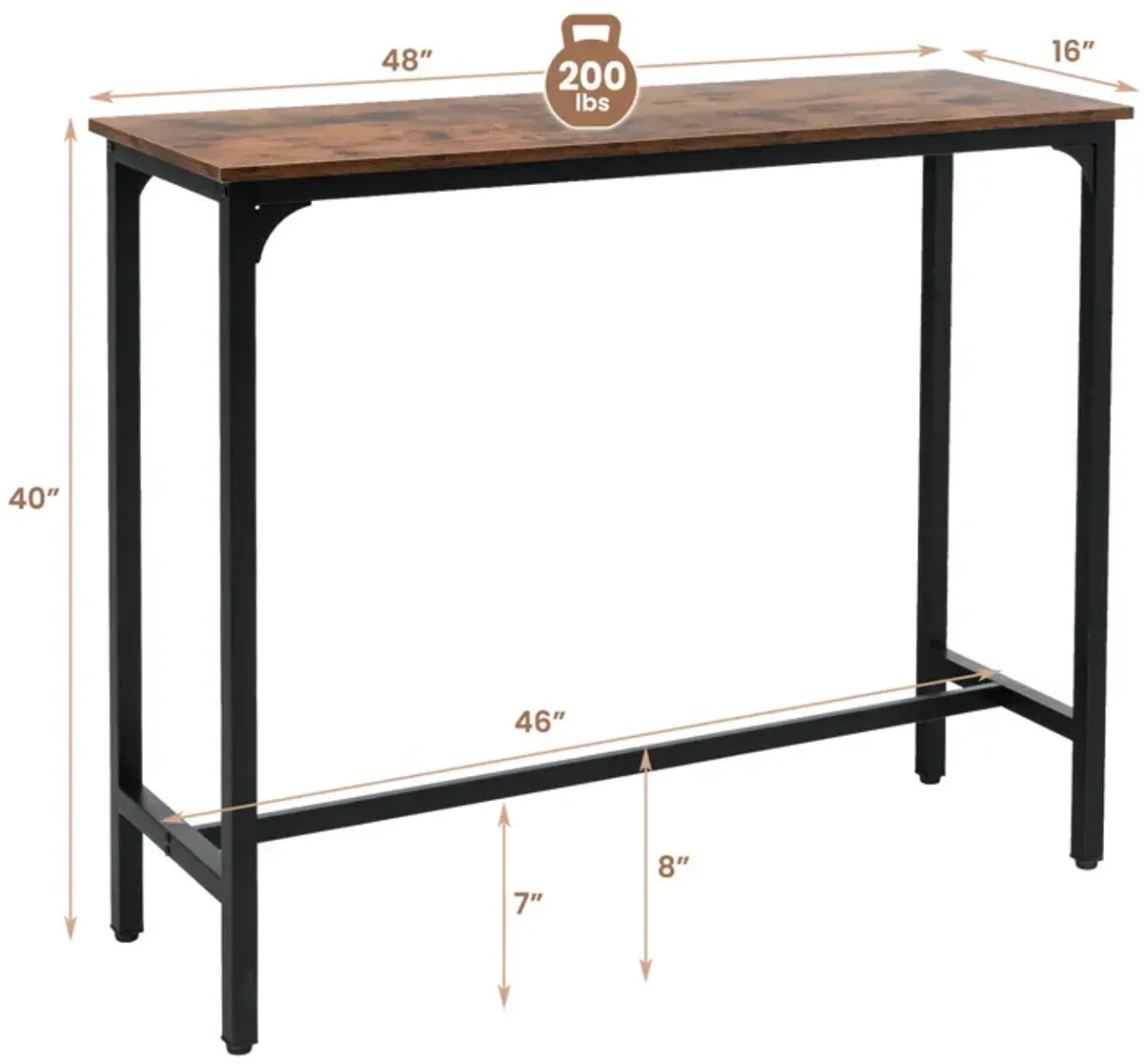 48 Inch Industrial Pub Dining Table with Steel Frame-Rustic Brown