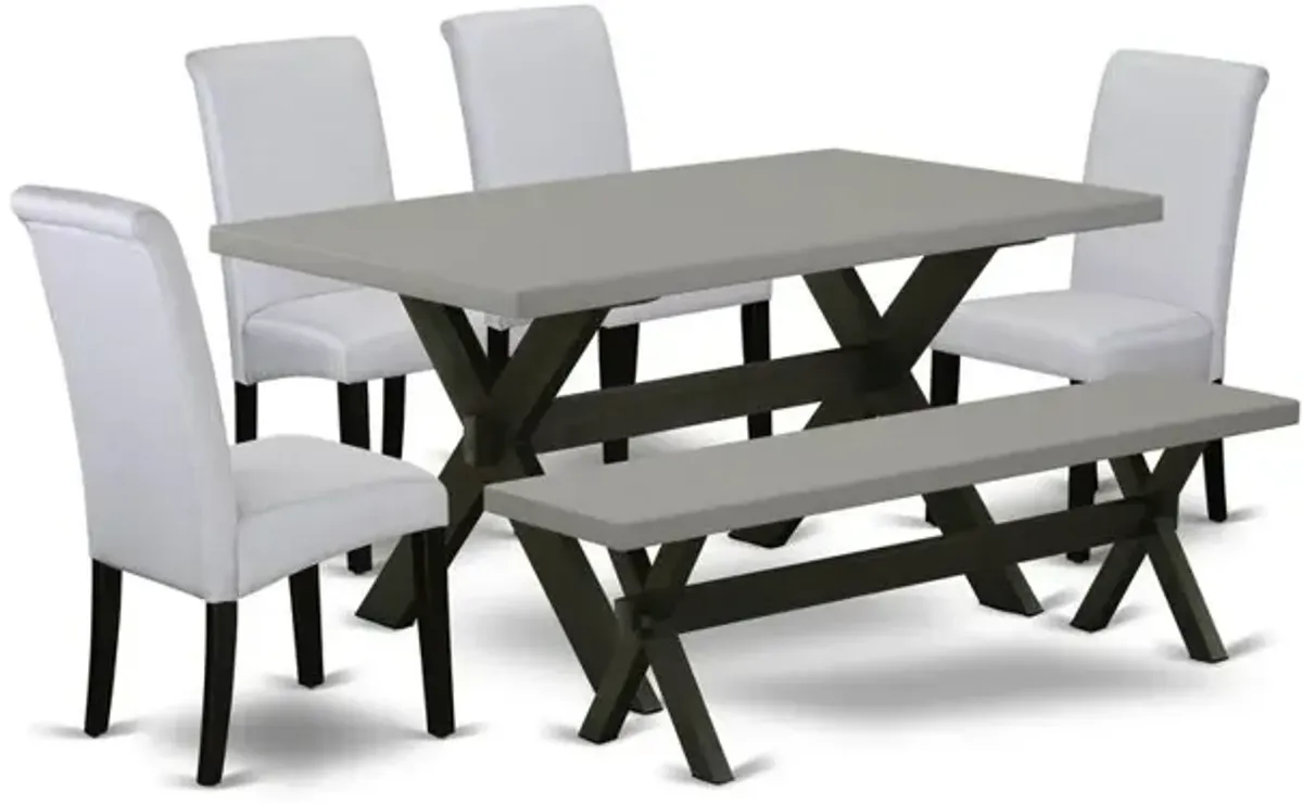 East West Furniture 6 Pc Dinner Table Set Consists of a Cement Dining Table and a Dinning Bench, 4 Grey Linen Fabric Upholstered Dining Chairs with High Back - Wire Brushed Black Finish