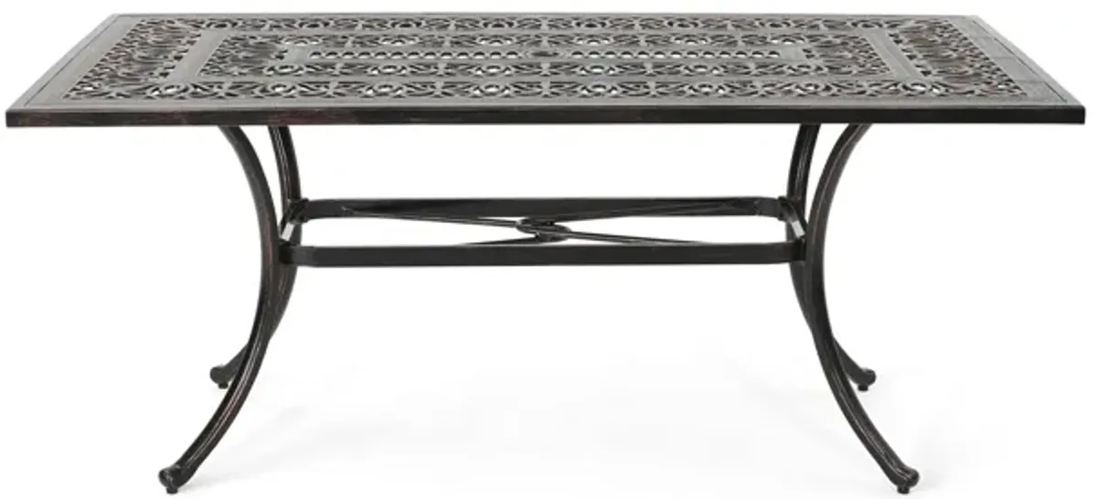 Shaili Outdoor Dining Table, Rectangular 68 Inch, Shiny Copper Cast Metal - Benzara