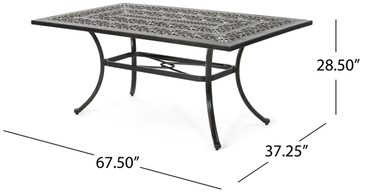 Shaili Outdoor Dining Table, Rectangular 68 Inch, Shiny Copper Cast Metal - Benzara