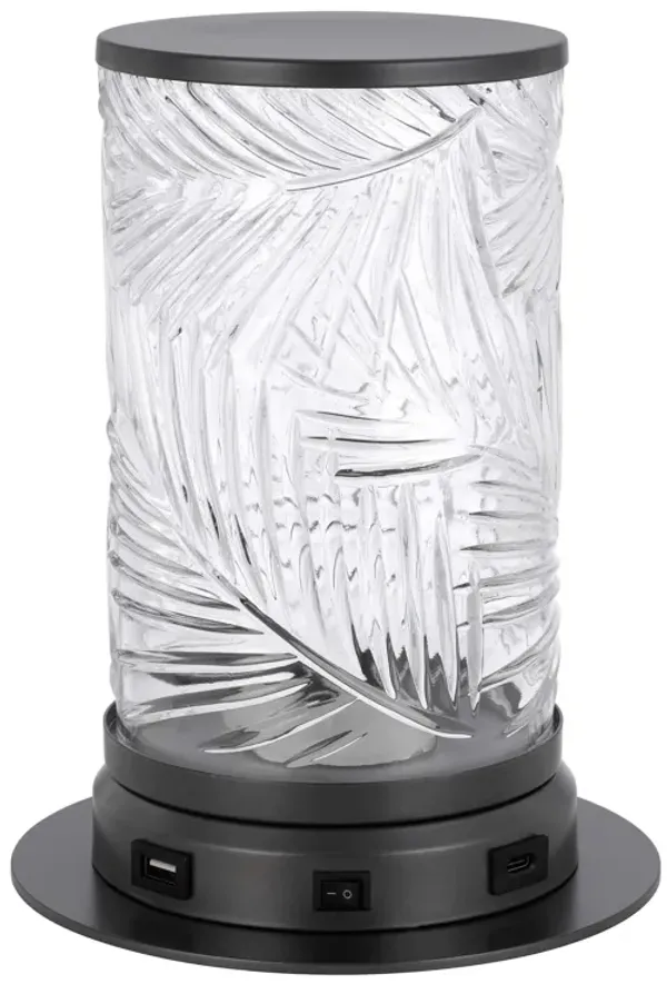 Hem 9 Inch Accent Lamp, LED, Leaf Pattern Glass Shade, Gray Metal Finish - Benzara