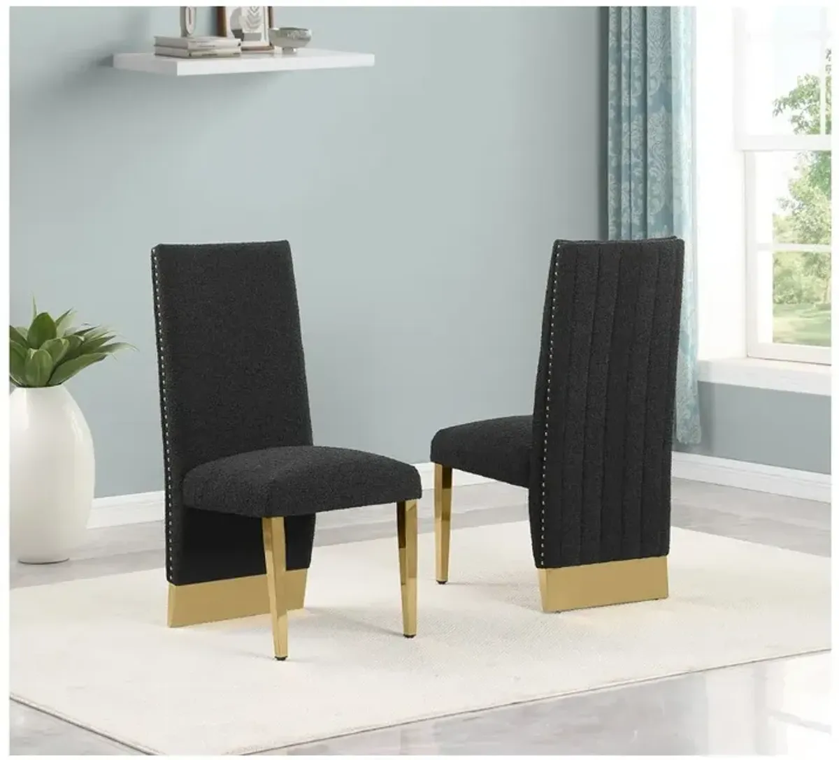 Best Quality Furniture 7Pc Tempered Glass Dining Set With 6 Black Boucle Side Chairs And A Gold Base