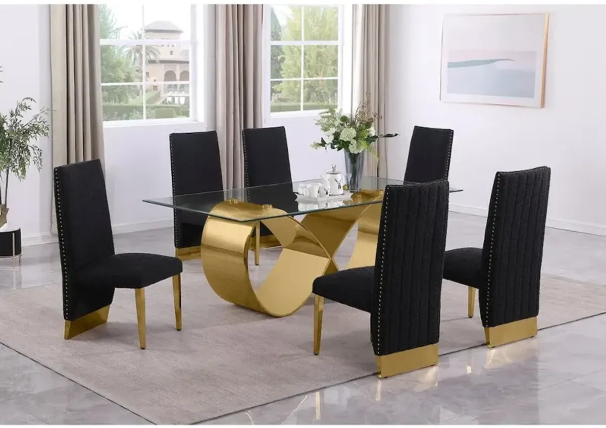 Best Quality Furniture 7Pc Tempered Glass Dining Set With 6 Black Boucle Side Chairs And A Gold Base