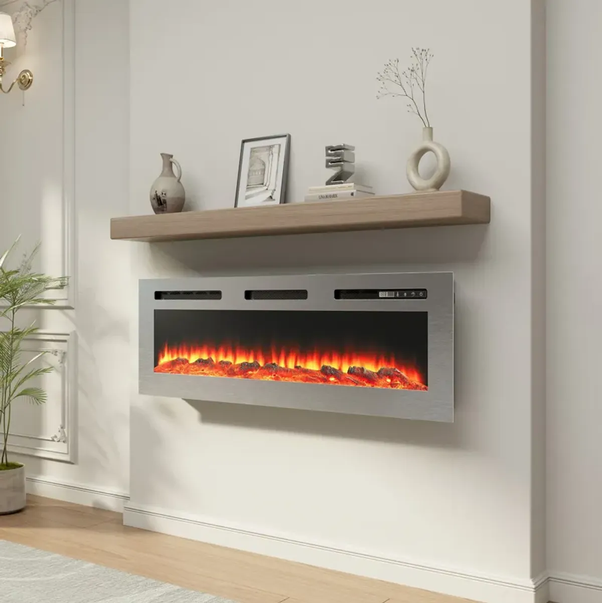 50 in. Wall Mounted and Recessed Stainless Steel Electric Fireplace in Silver