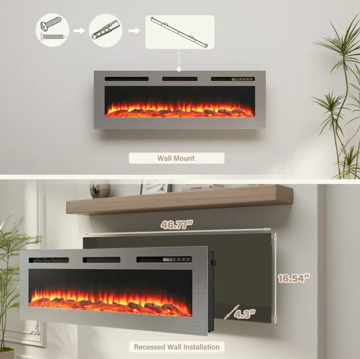 50 in. Wall Mounted and Recessed Stainless Steel Electric Fireplace in Silver