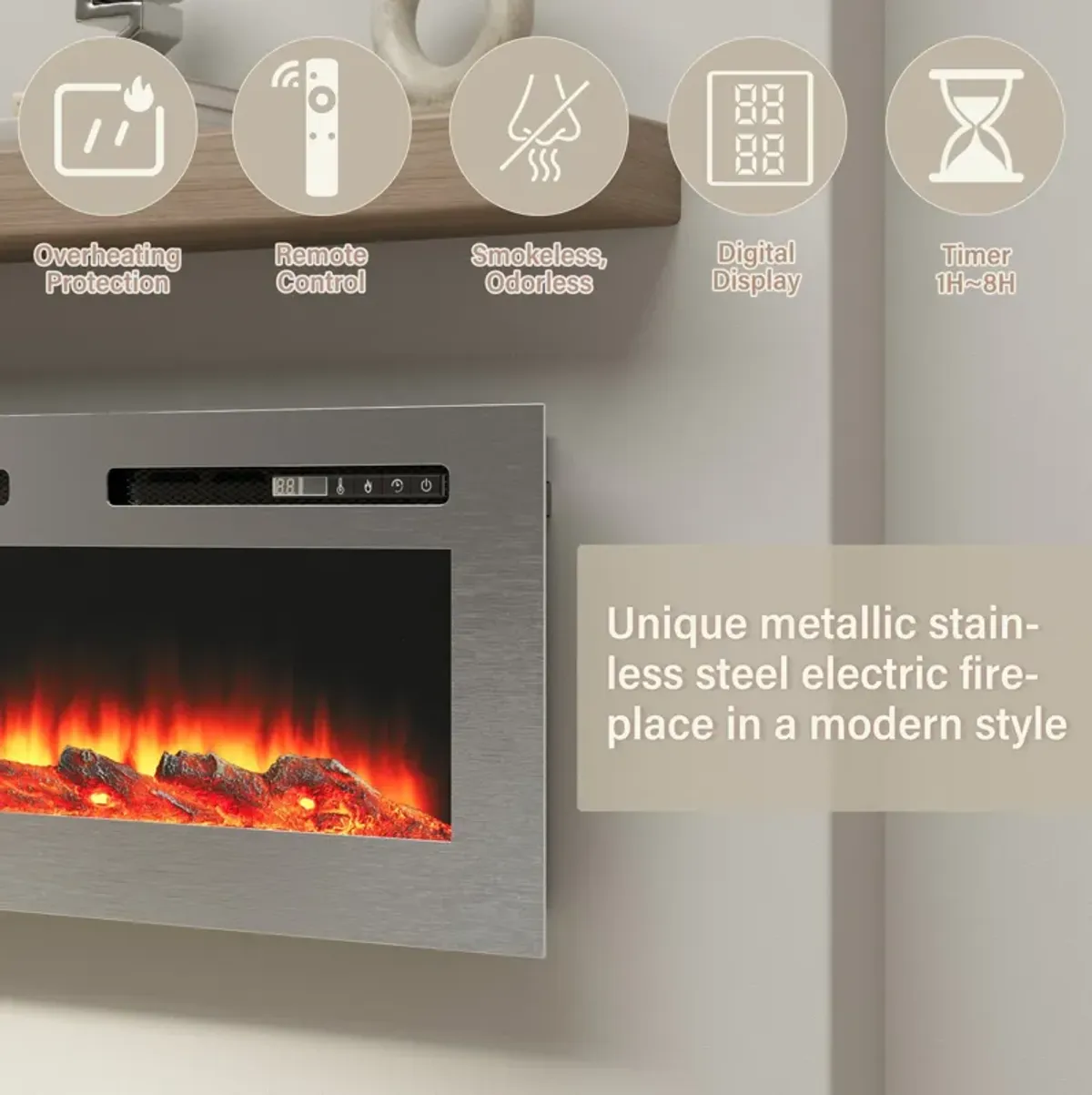 50 in. Wall Mounted and Recessed Stainless Steel Electric Fireplace in Silver