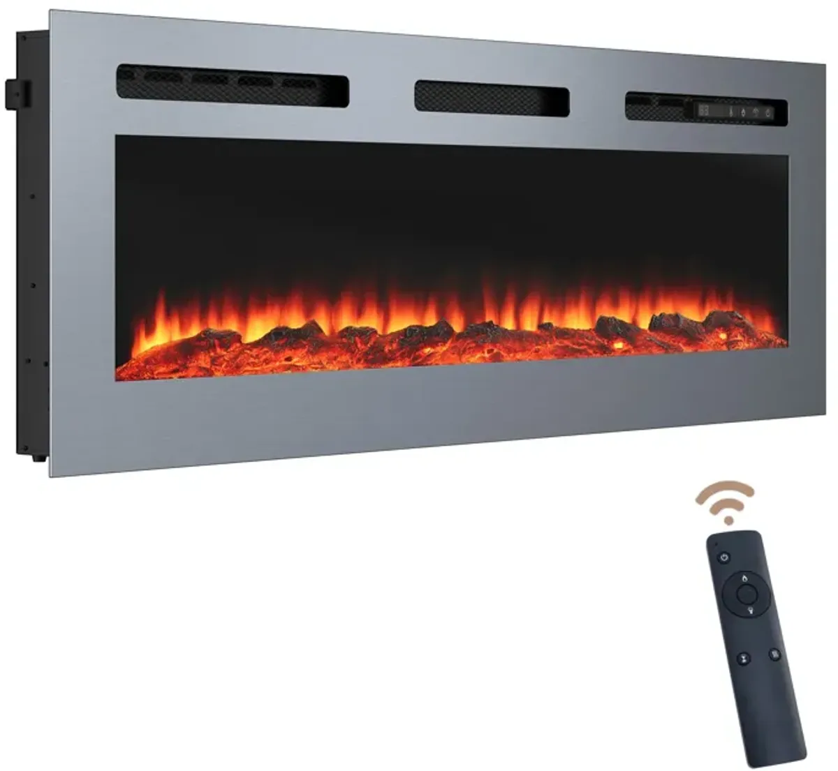 50 in. Wall Mounted and Recessed Stainless Steel Electric Fireplace in Silver