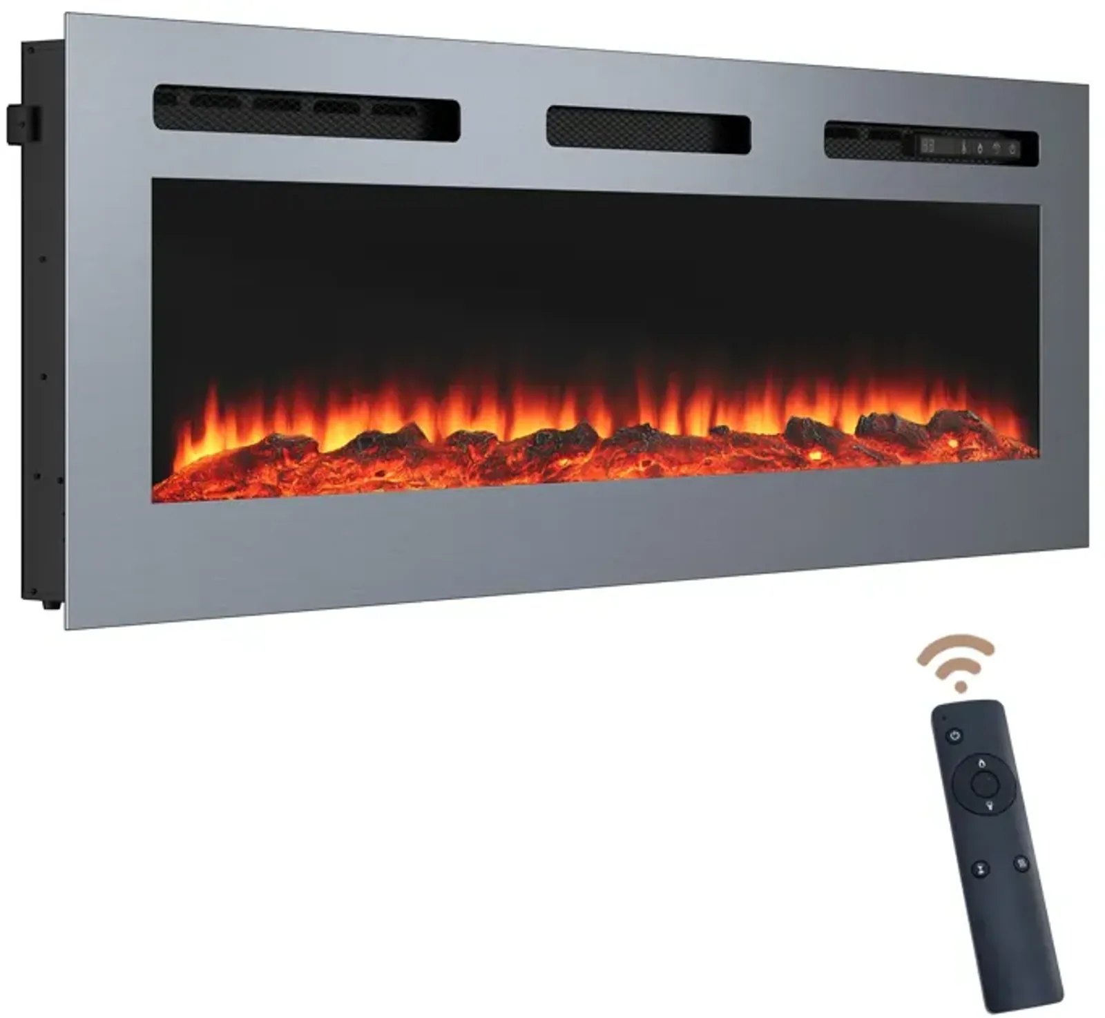 50 in. Wall Mounted and Recessed Stainless Steel Electric Fireplace in Silver