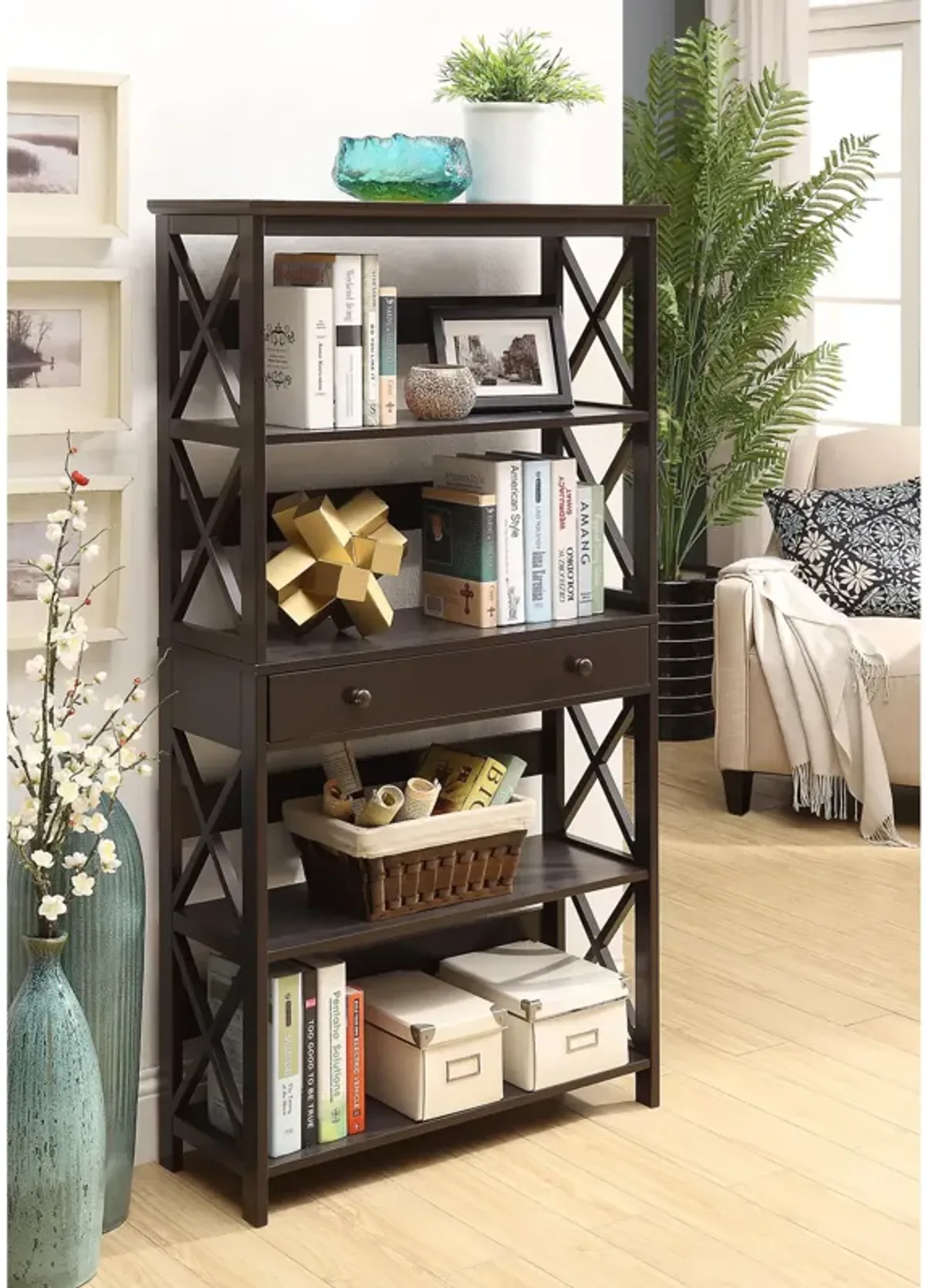 Convenience Concepts Oxford 5 Tier Bookcase with Drawer, Espresso