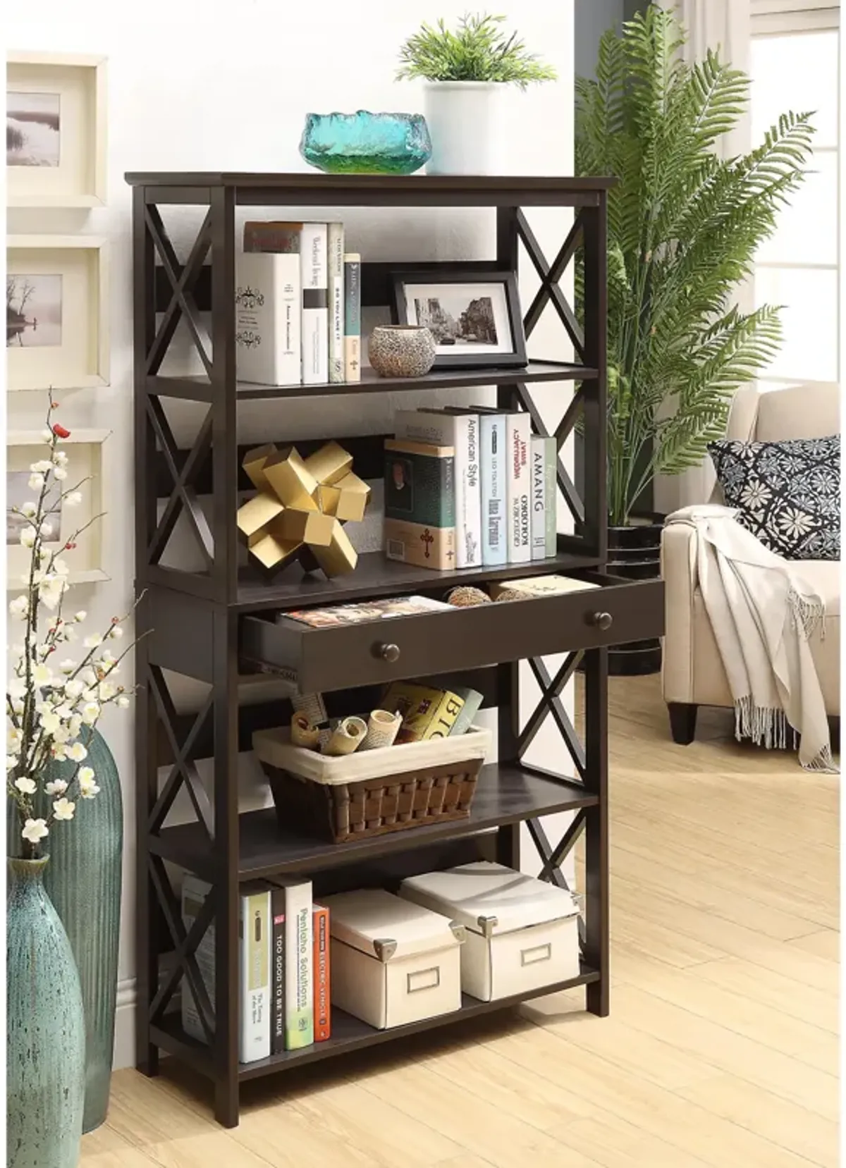 Convenience Concepts Oxford 5 Tier Bookcase with Drawer, Espresso