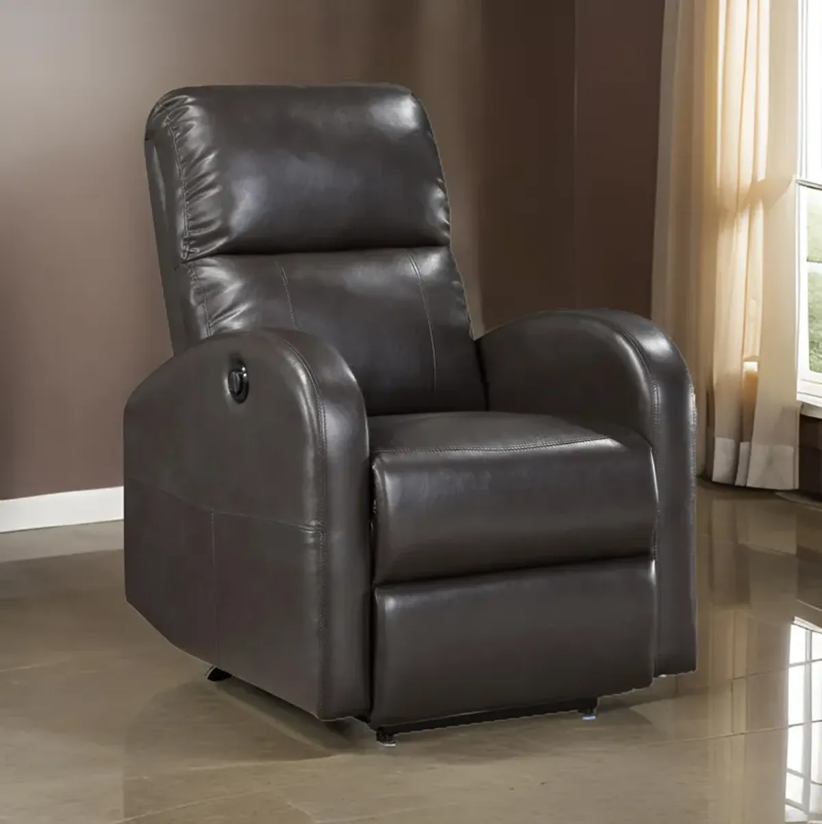 Rica 38 Inch Power Recliner Chair, Plush Brown Faux Leather, Foam Cushions - Benzara