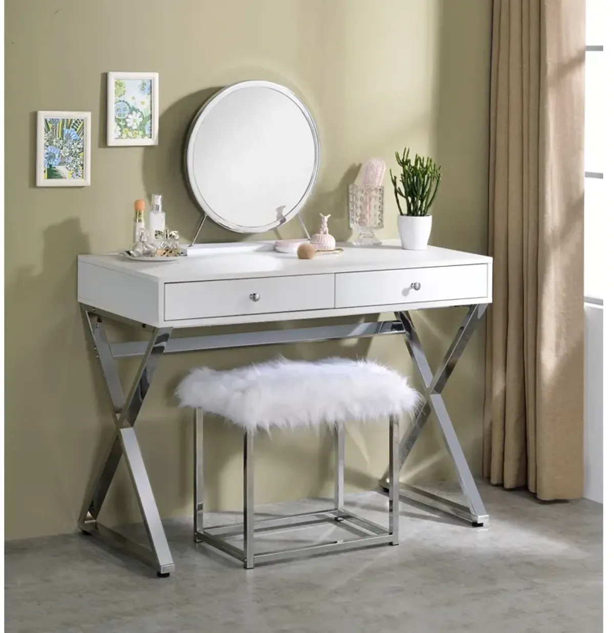 Adao Vanity Mirror & Stool, Faux Fur, Mirror, & Chrome Finish