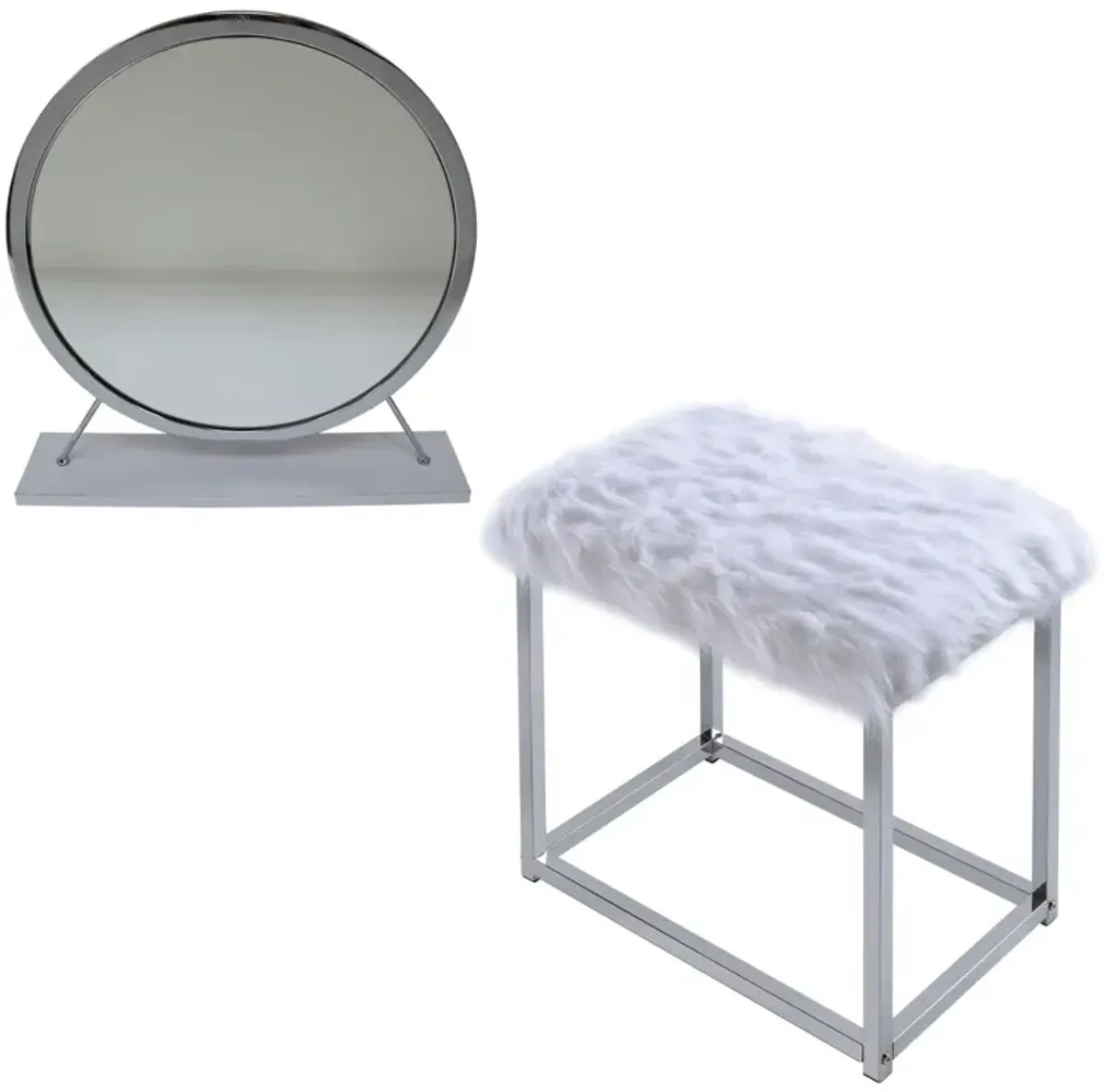 Adao Vanity Mirror & Stool, Faux Fur, Mirror, & Chrome Finish