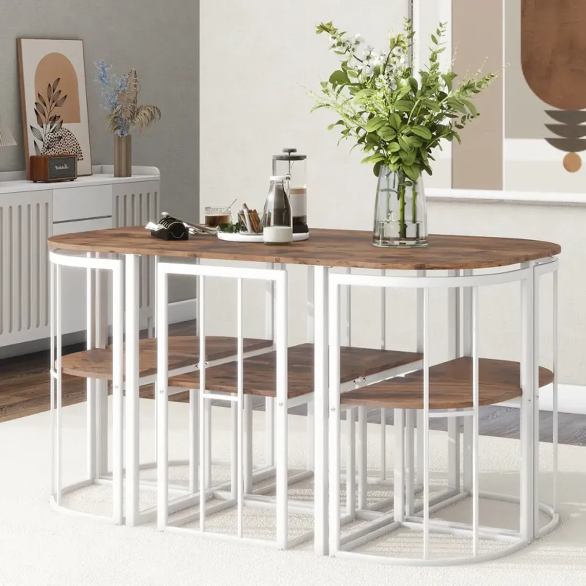 Modern 7-Piece Dining Table Set with 6 Stools