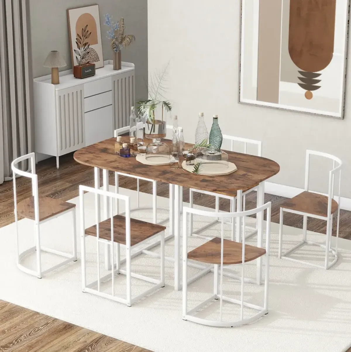 Modern 7-Piece Dining Table Set with 6 Stools