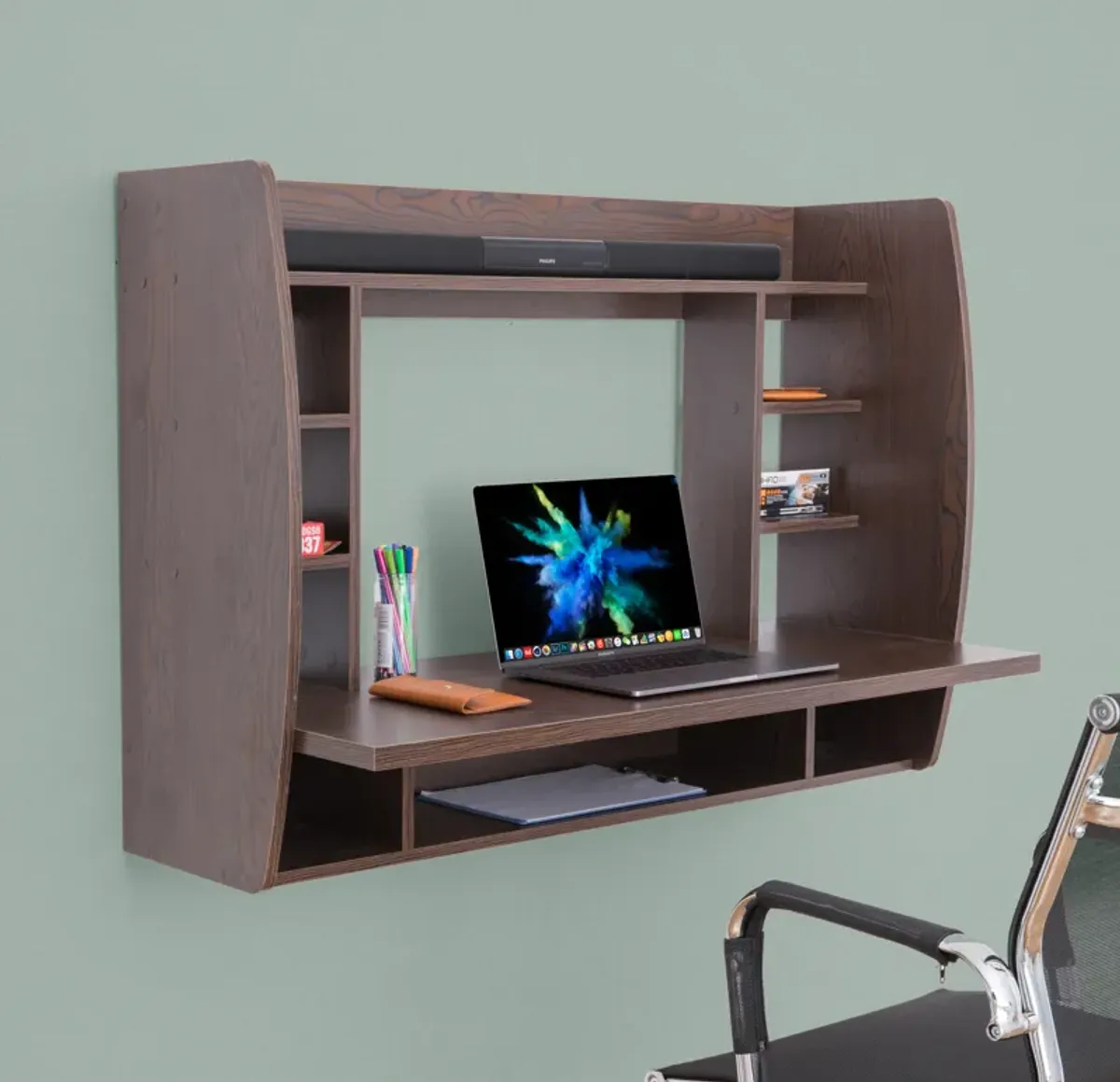 Wall Mount Laptop Office Desk with Shelves, Brown