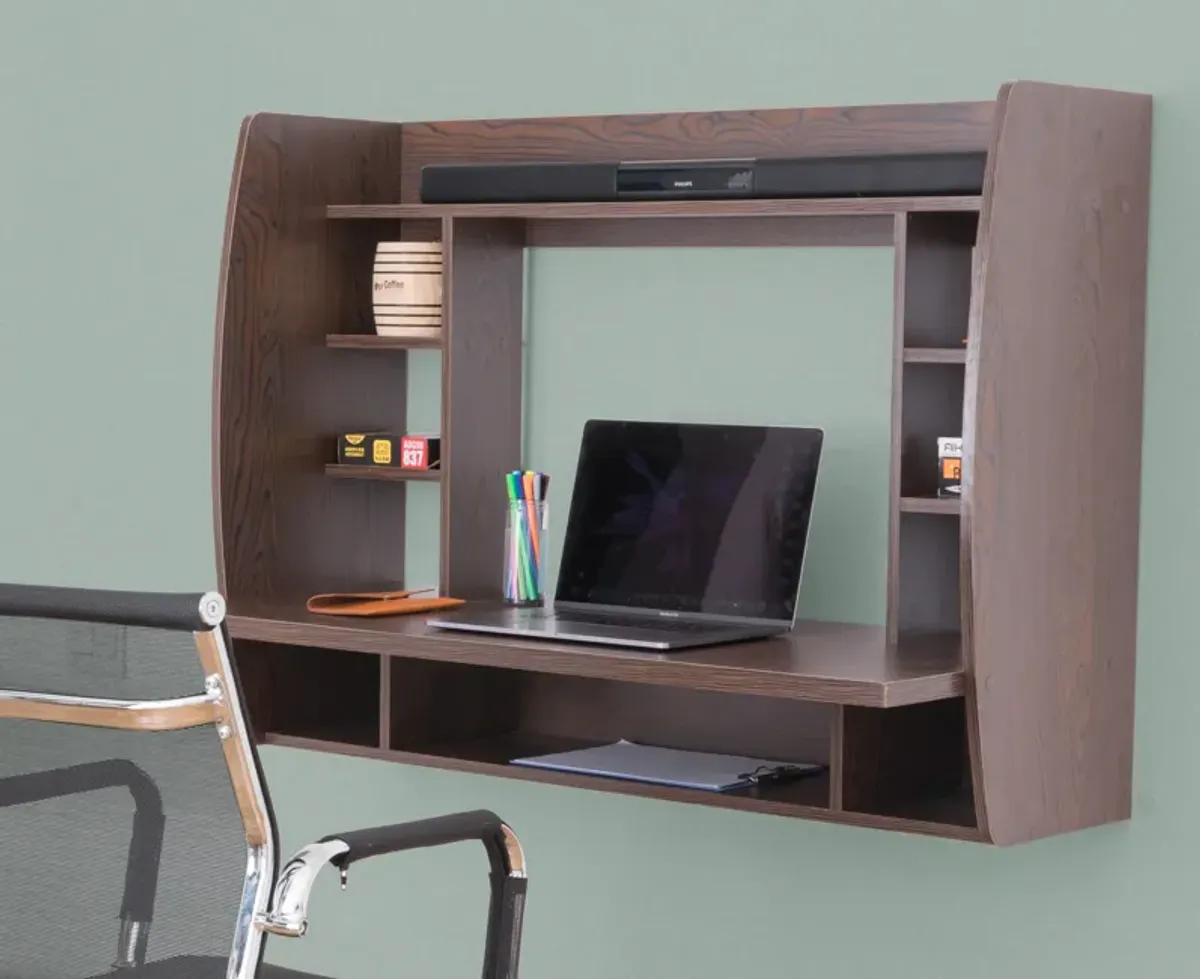 Wall Mount Laptop Office Desk with Shelves, Brown