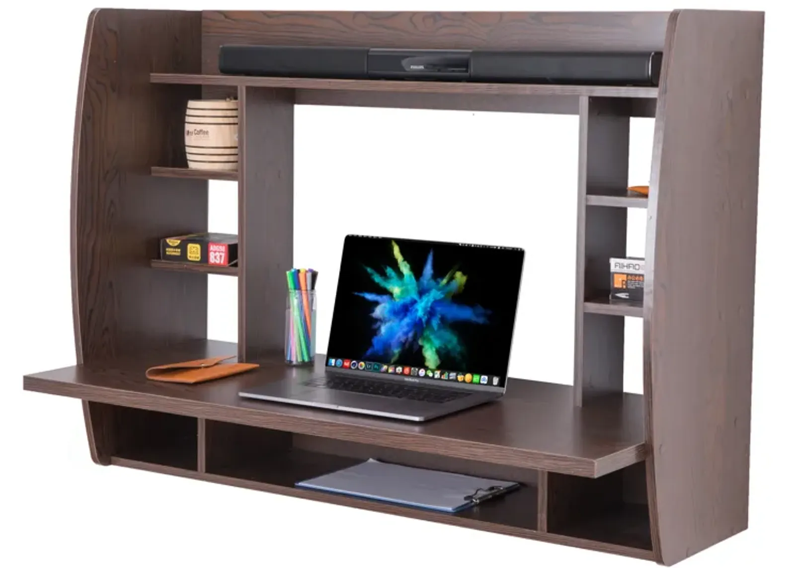 Wall Mount Laptop Office Desk with Shelves, Brown