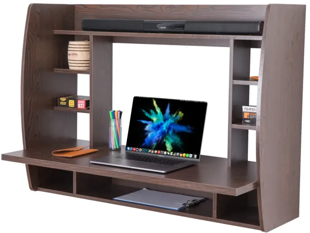 Wall Mount Laptop Office Desk with Shelves, Brown