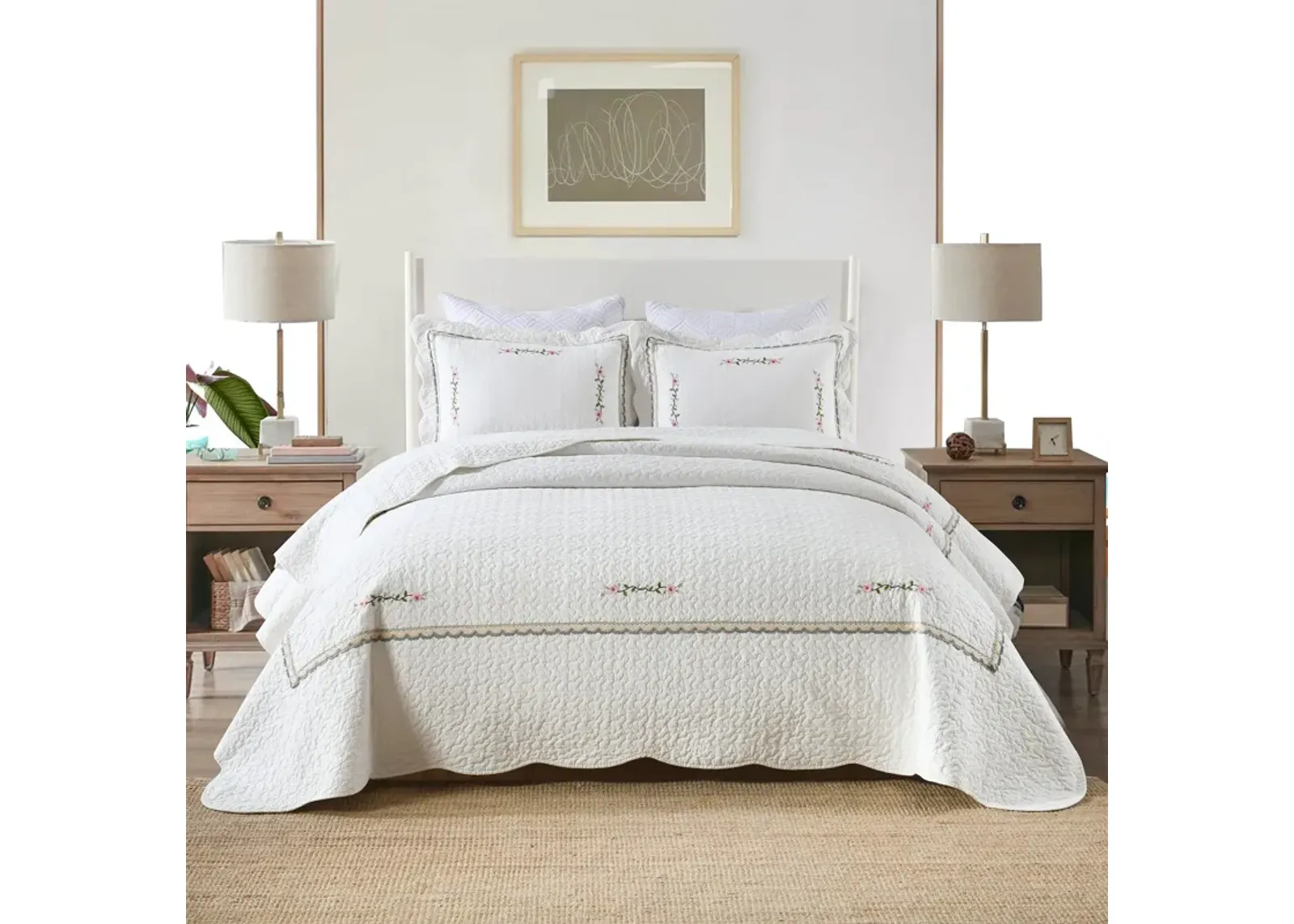 MarCielo 3-Piece 100% White Cotton Oversized Bedspread Set Coverlet Set Lightweight Quilt Set Sakura