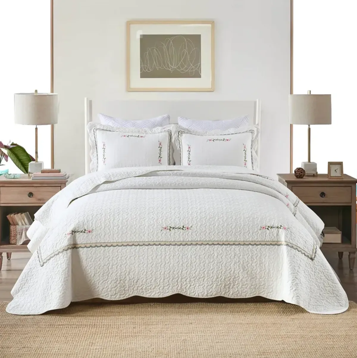 MarCielo 3-Piece 100% White Cotton Oversized Bedspread Set Coverlet Set Lightweight Quilt Set Sakura