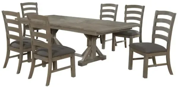 7 Piece Dining Set Extendable w/18"Center Leaf Extension & 6 Ladder-Back Chairs in Dark Grey Linen