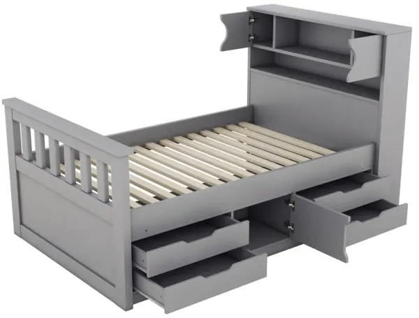 Whisen Twin Size Captain Platform Bed Frame with Storage Bookcases, Drawers and Shelves - Gray