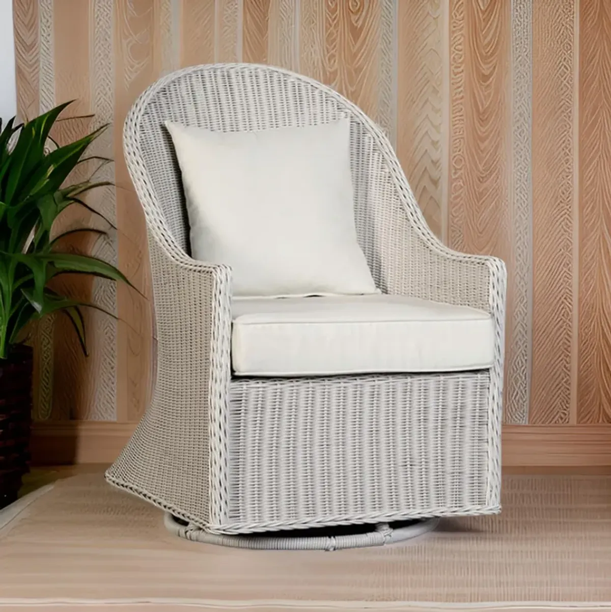 Tomo Outdoor Swivel Chair, Wingback Design, White Fabric, Wicker Rattan