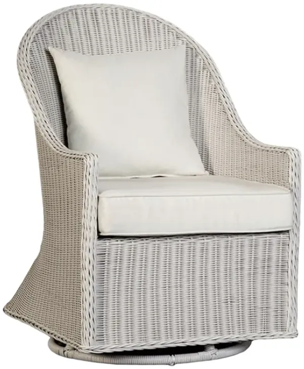 Tomo Outdoor Swivel Chair, Wingback Design, White Fabric, Wicker Rattan - Benzara