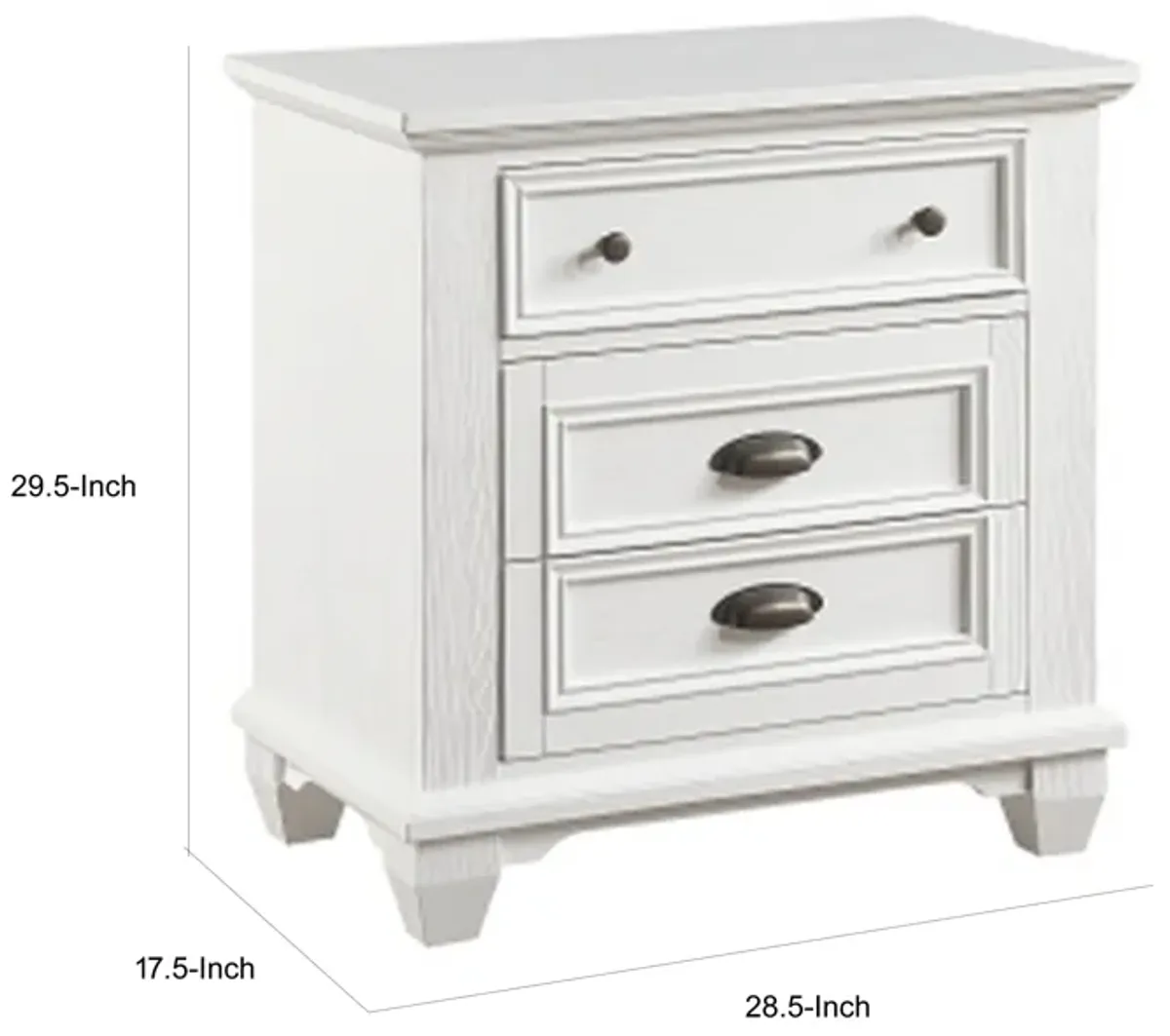 Lyni 30 Inch Nightstand with 3 Drawers, Farmhouse White Acacia Wood - Benzara