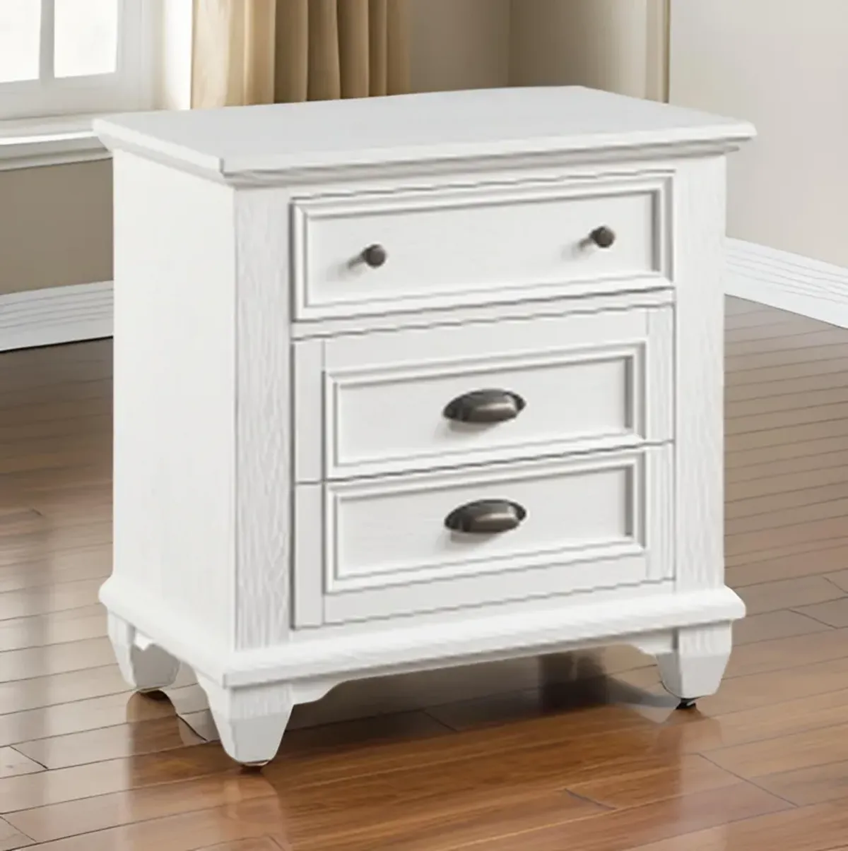 Lyni 30 Inch Nightstand with 3 Drawers, Farmhouse White Acacia Wood - Benzara