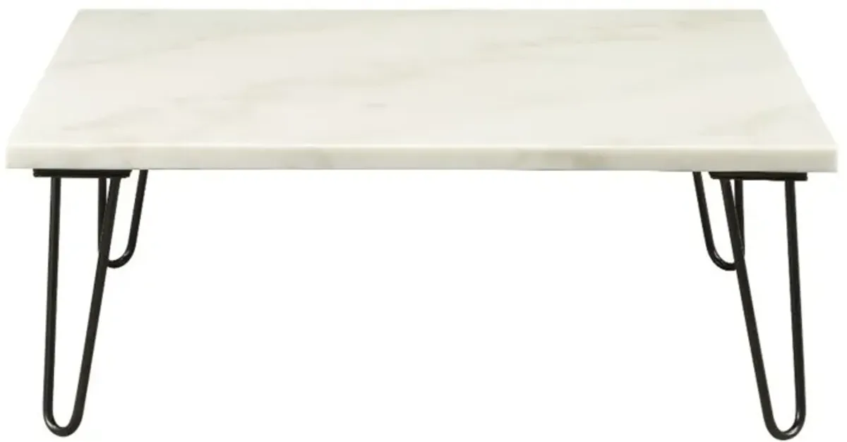 Yardlio Coffee Table - Telestis White Marble & Black, Occasional Table, Metal V Shape Leg, No Storage, Square/Rectangular Shape