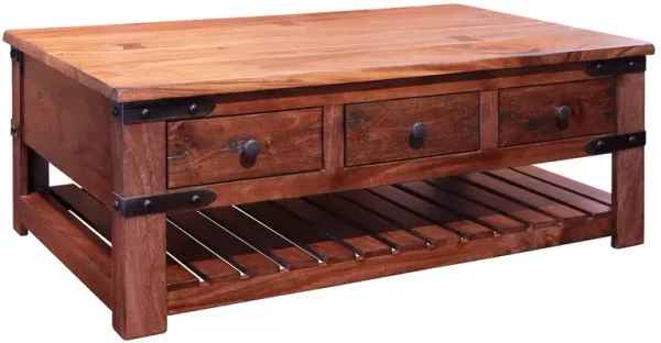 Benjara Umey 55 Inch 6 Drawer Coffee Table, Slatted Bottom Shelf, Solid Wood, Brown and Black