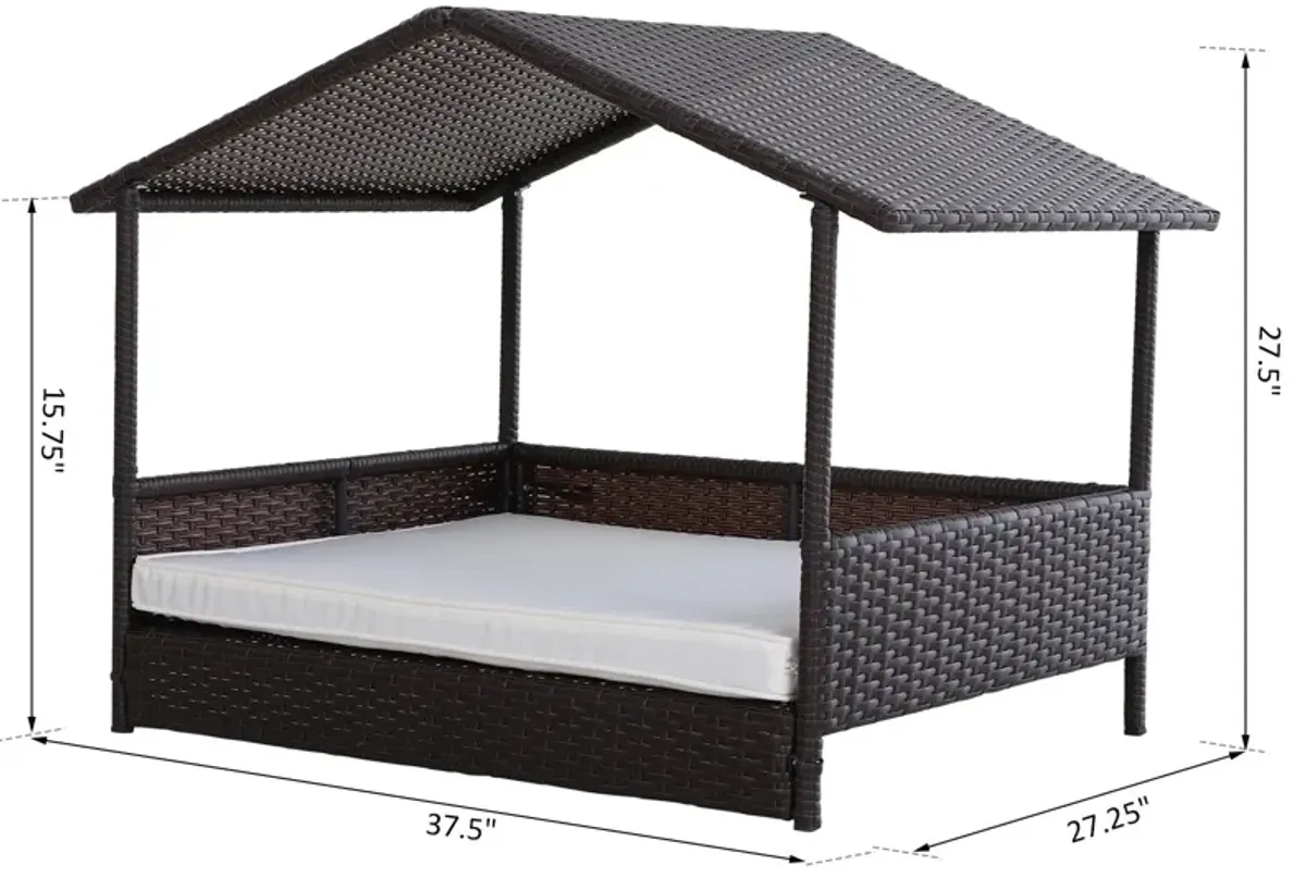 Cream Pet Paradise: Wicker Elevated Dog Bed with Rattan Canopy