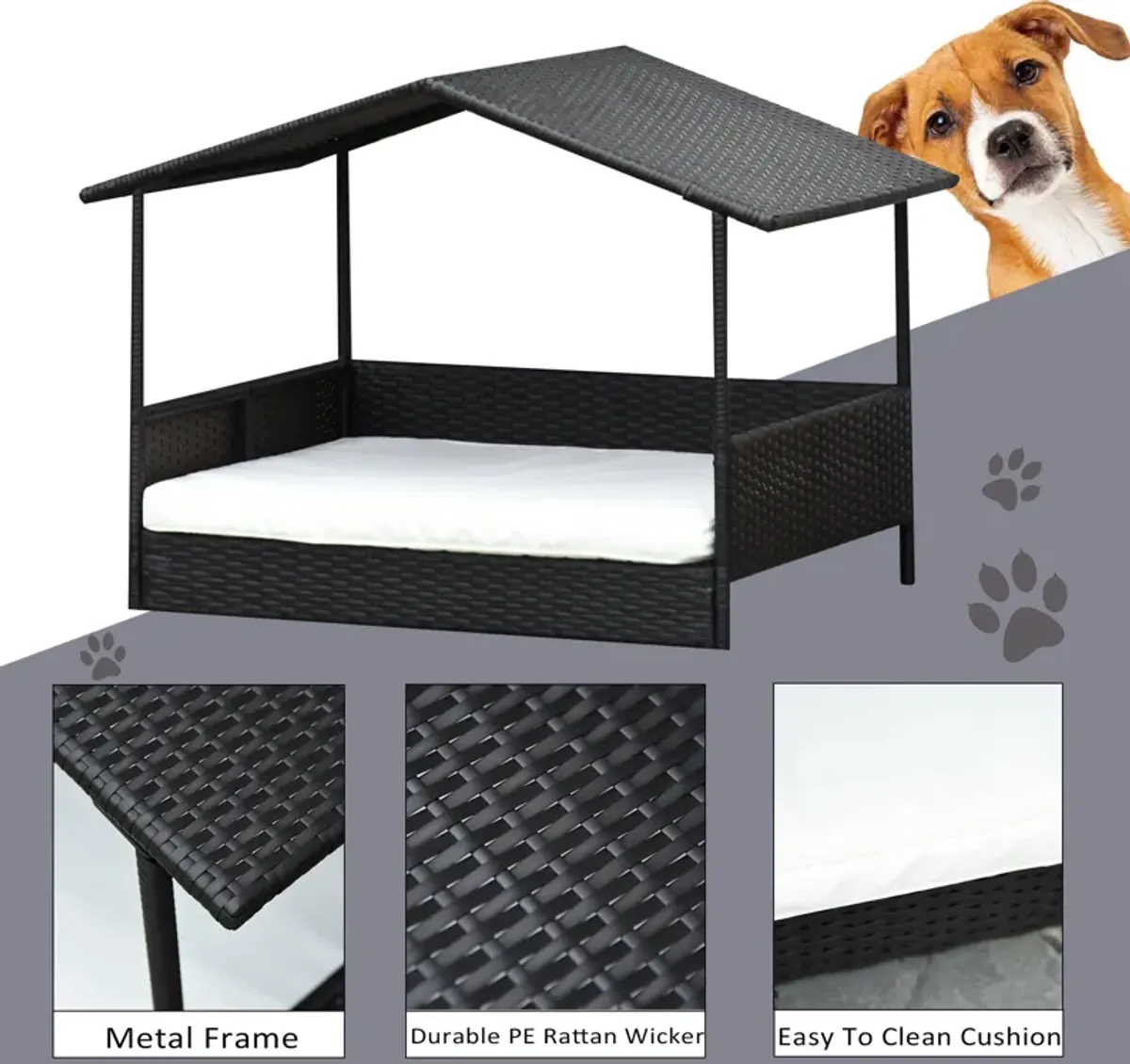 Cream Pet Paradise: Wicker Elevated Dog Bed with Rattan Canopy