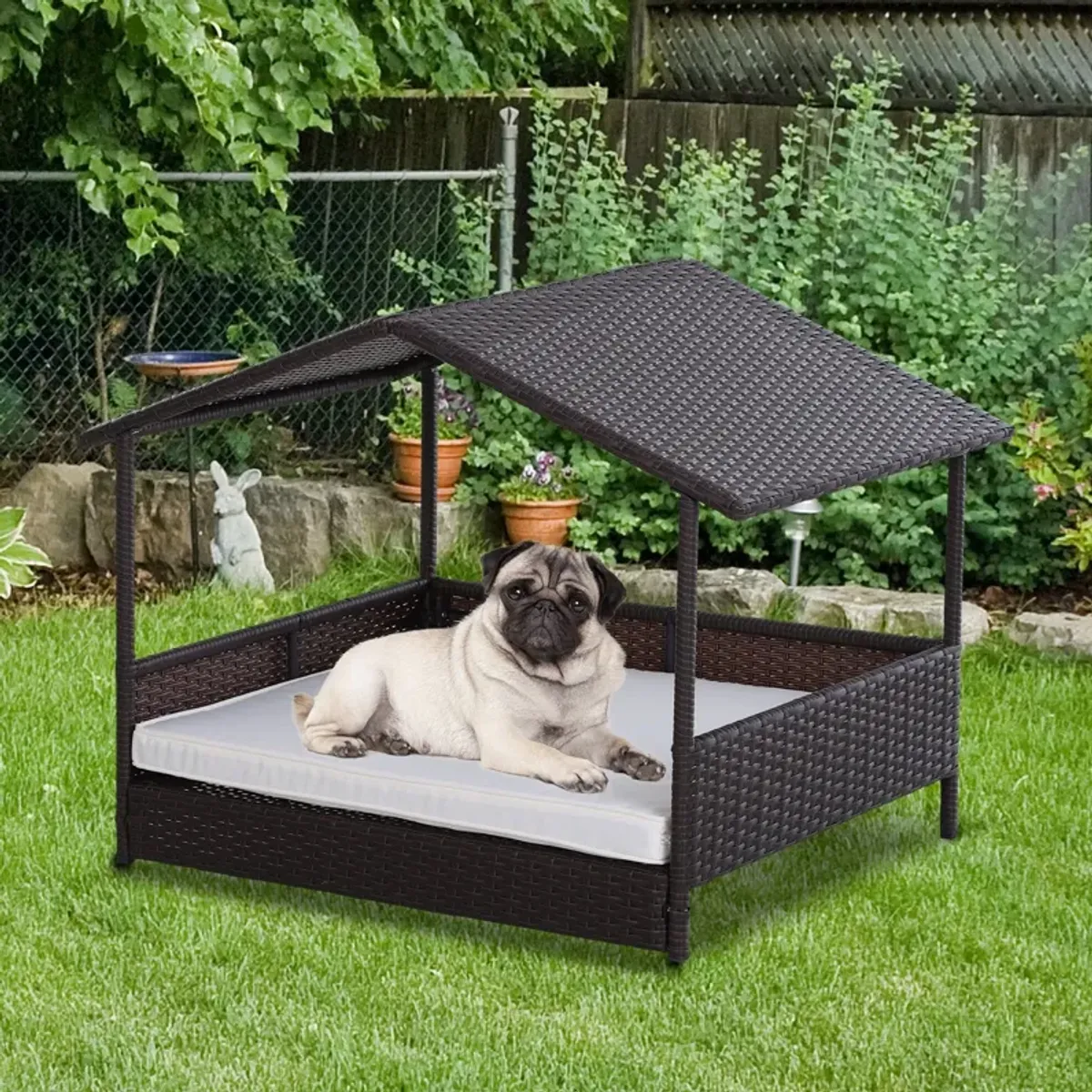 Cream Pet Paradise: Wicker Elevated Dog Bed with Rattan Canopy